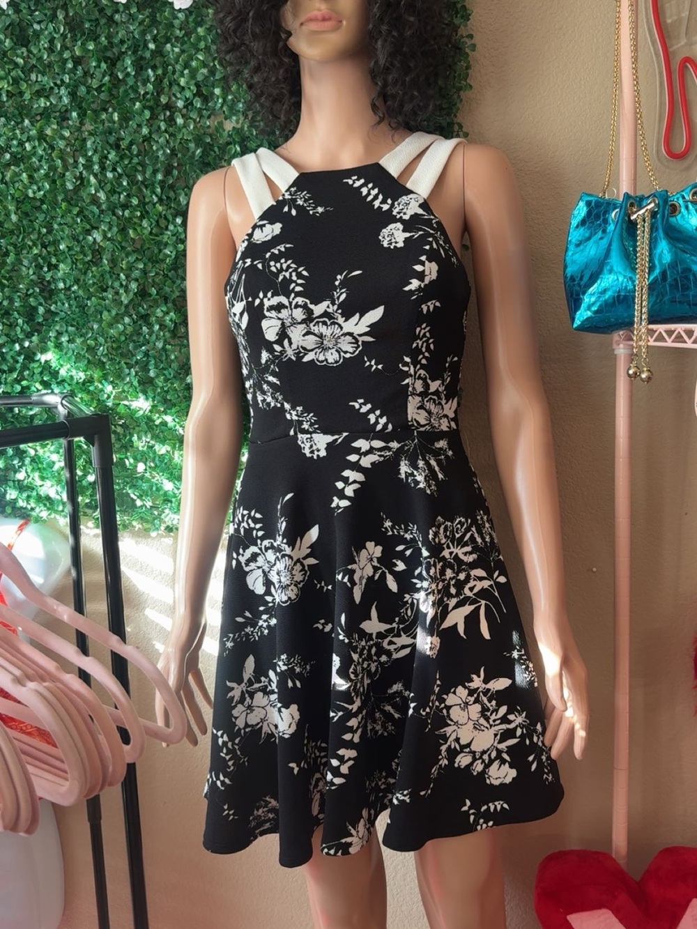 Black & White Floral Halter Fit-and-Flare Dress